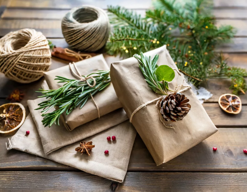 Nachhaltig verpackte Weihnachtsgeschenke mit recyceltem Papier und natürlicher Dekoration.