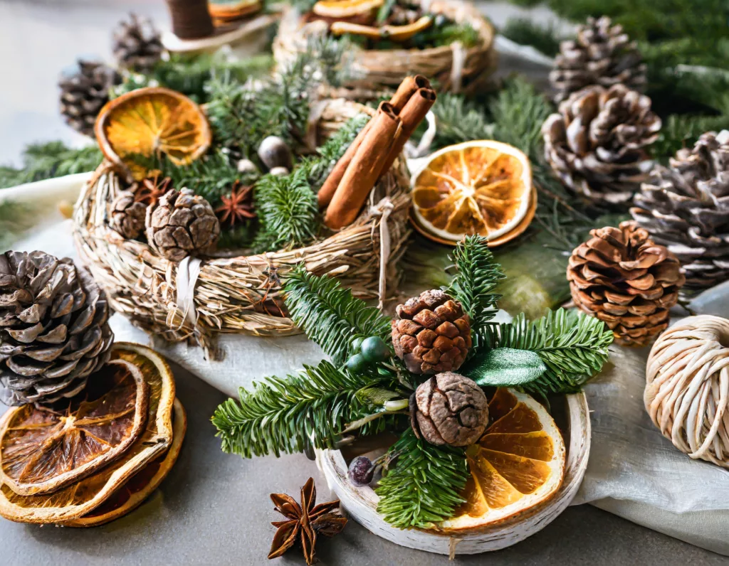 Selbstgemachte Weihnachtskränze für nachhaltige Weihnachten mit getrockneten Orangenscheiben und Zimtstangen.